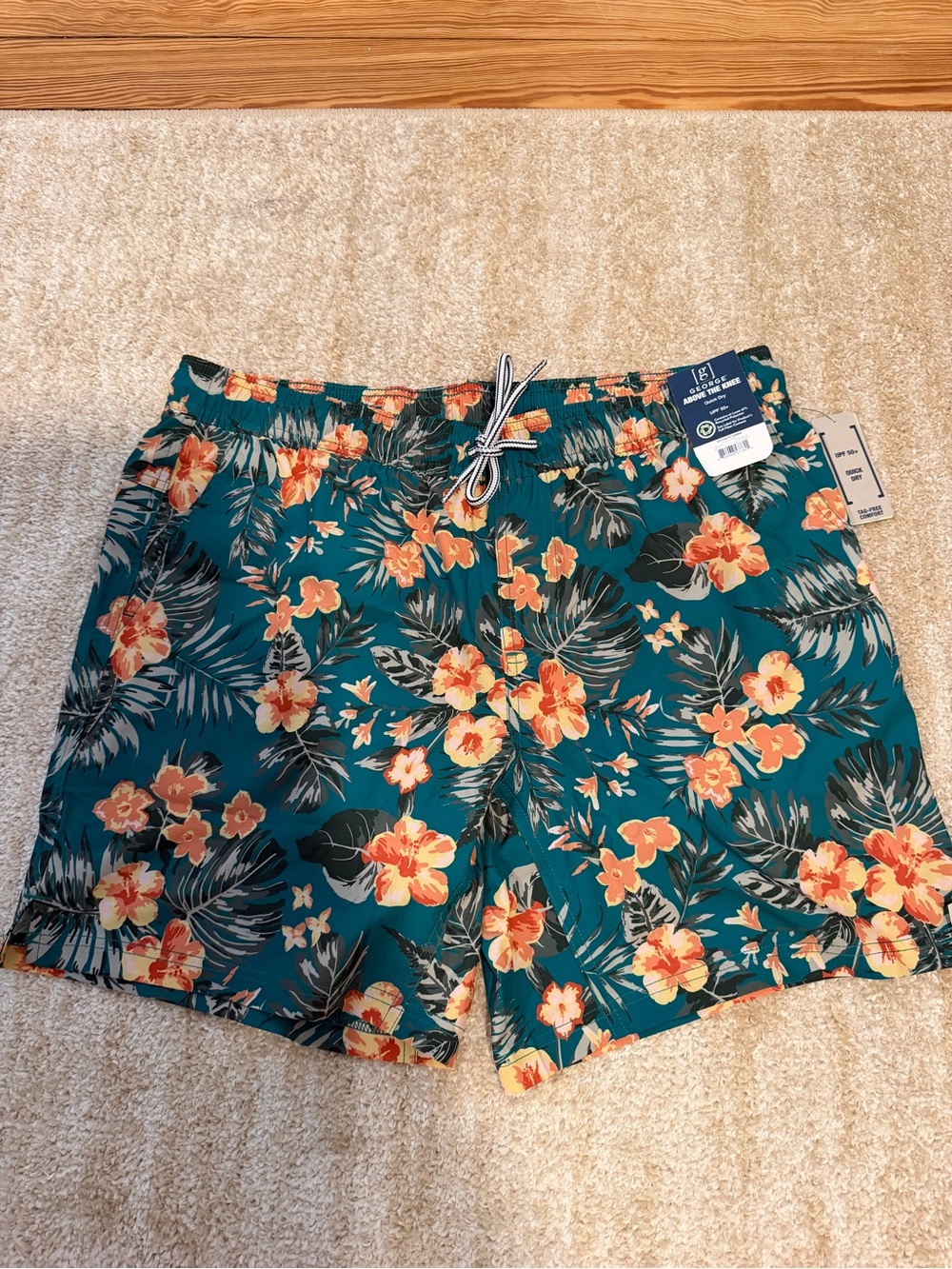 Men’s George Teal Swim Shorts with Orange Floral Print